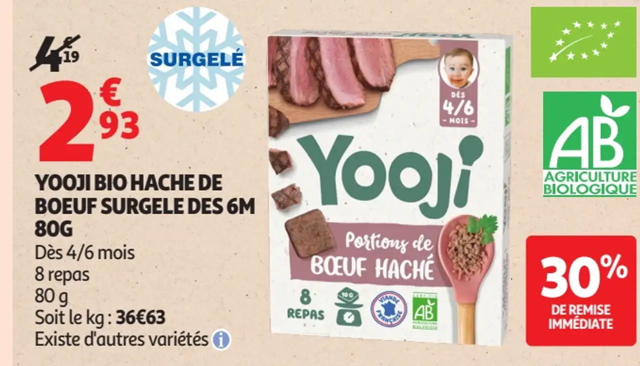 Yooji Bio Haché de Boeuf Surgelé des 6m 80g