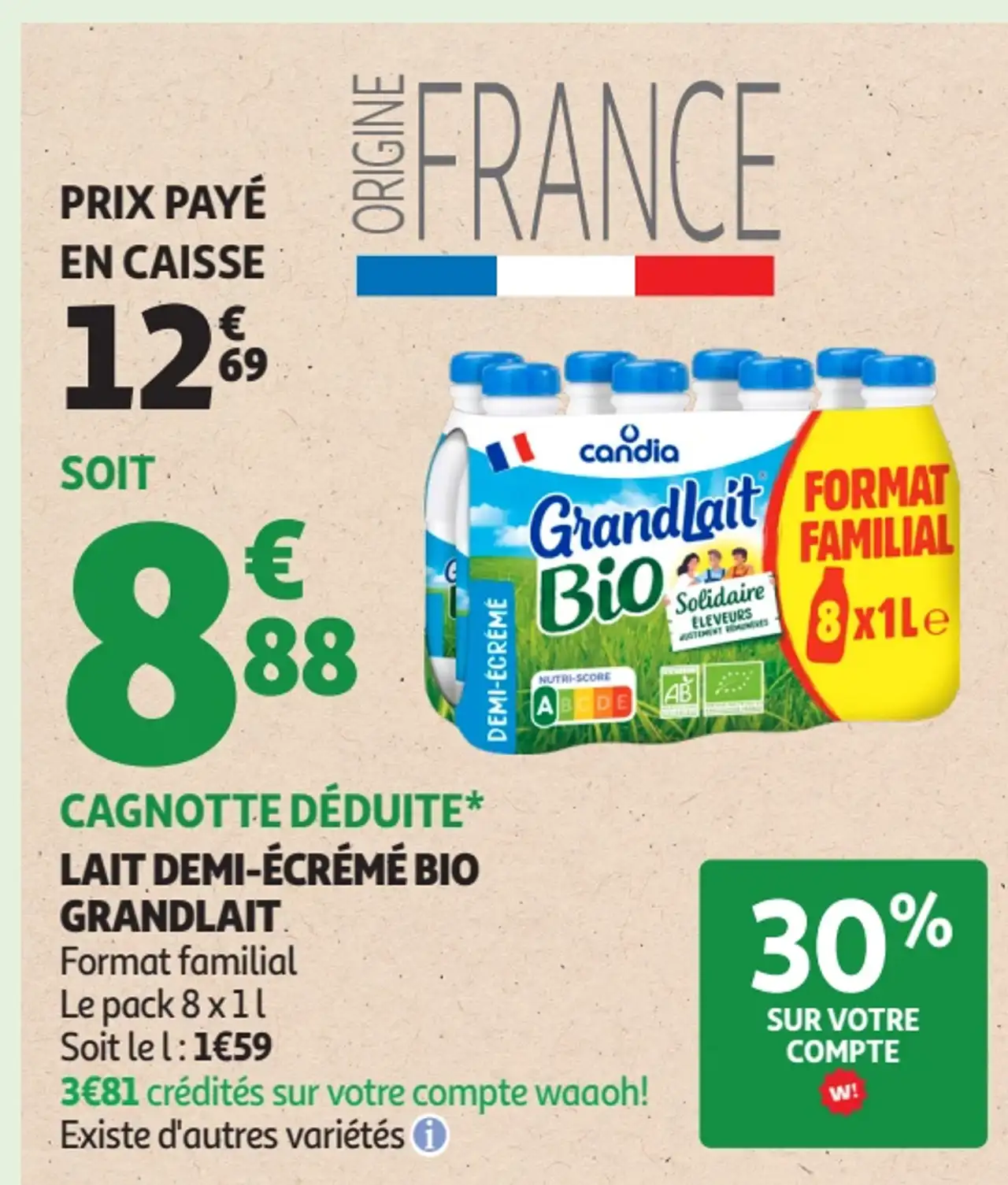 Lait demi-écrémé bio Grandlait Candia