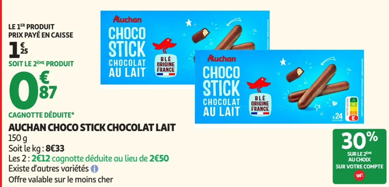 Auchan Choco Stick Chocolat Lait