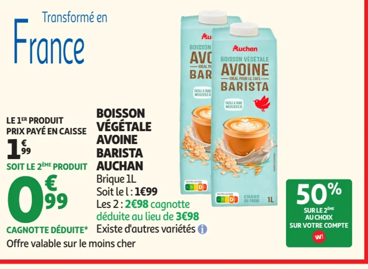 Boisson végétale avoine Barista Auchan brique 1L