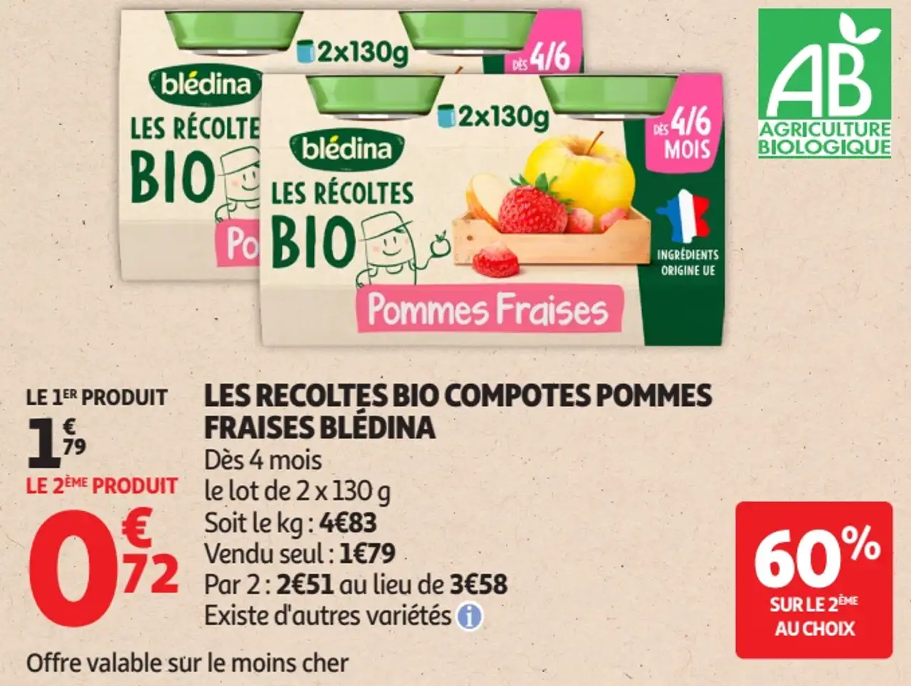 LES RECOLTES BIO COMPOTES POMMES FRAISES BLÉDINA