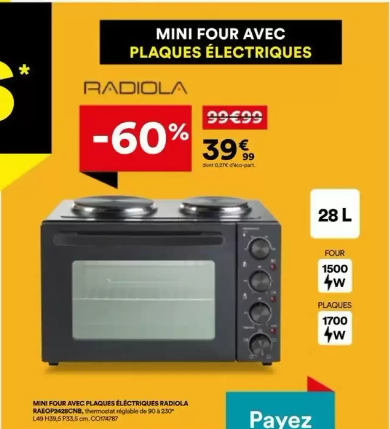 MINI FOUR AVEC PLAQUES ÉLECTRIQUES RADIOLA RAEOP2428CNB