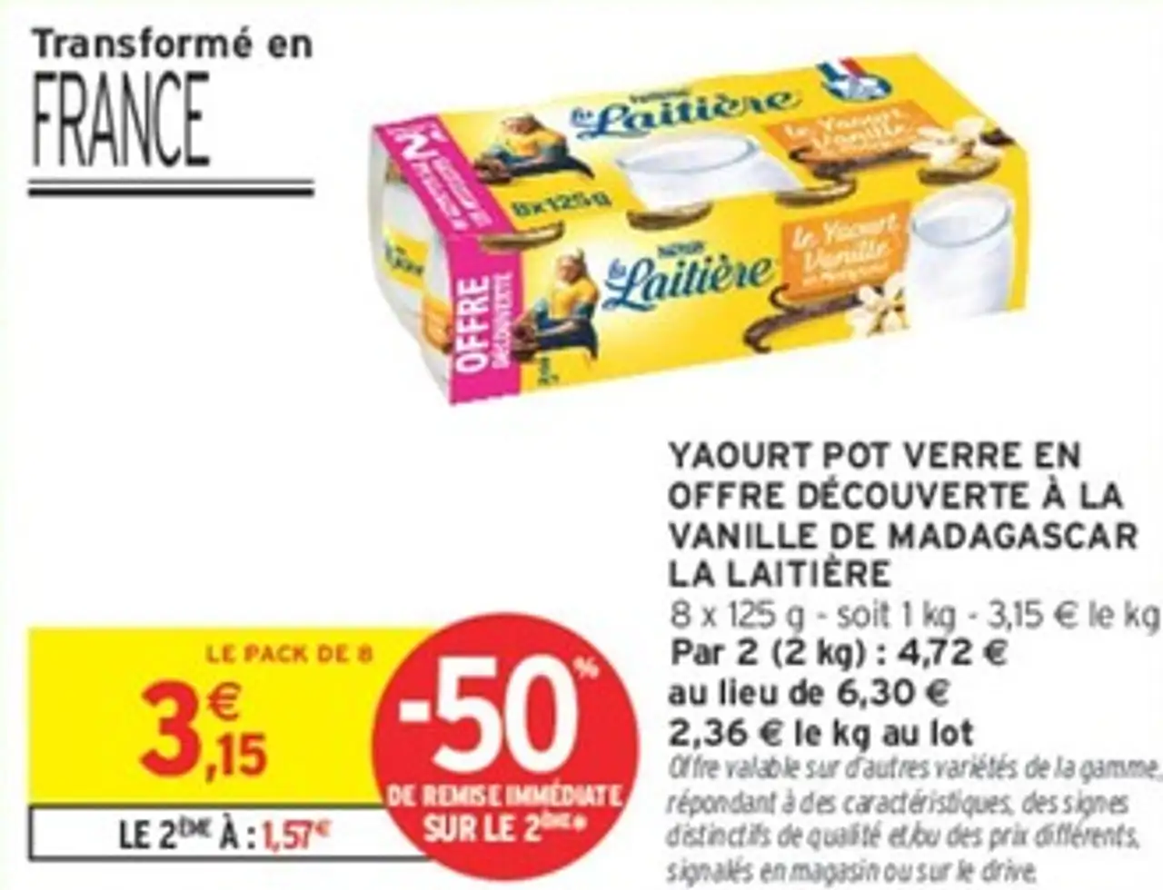 YAOURT POT VERRE EN OFFRE DÉCOUVERTE À LA VANILLE DE MADAGASCAR LA LAITIÈRE