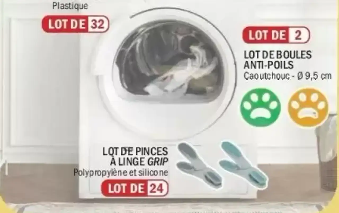 Lot de pinces à linge grip / Lot de boules anti-poils