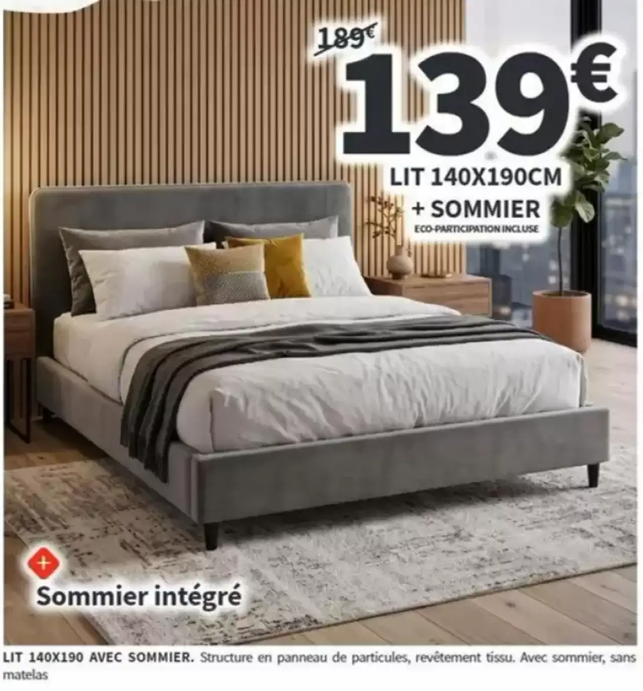 Lit 140X190CM + SOMMIER, structure en panneau de particules, revêtement tissu