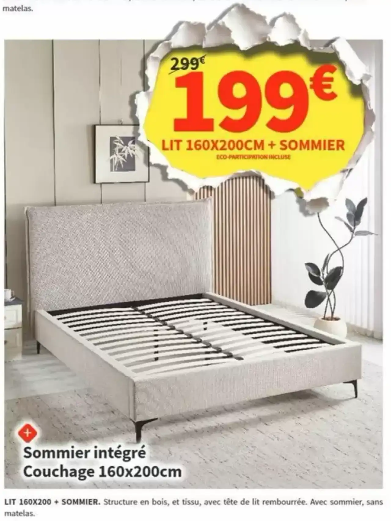 Lit 160X200 + SOMMIER, structure en bois, et tissu, avec tête de lit rembourrée