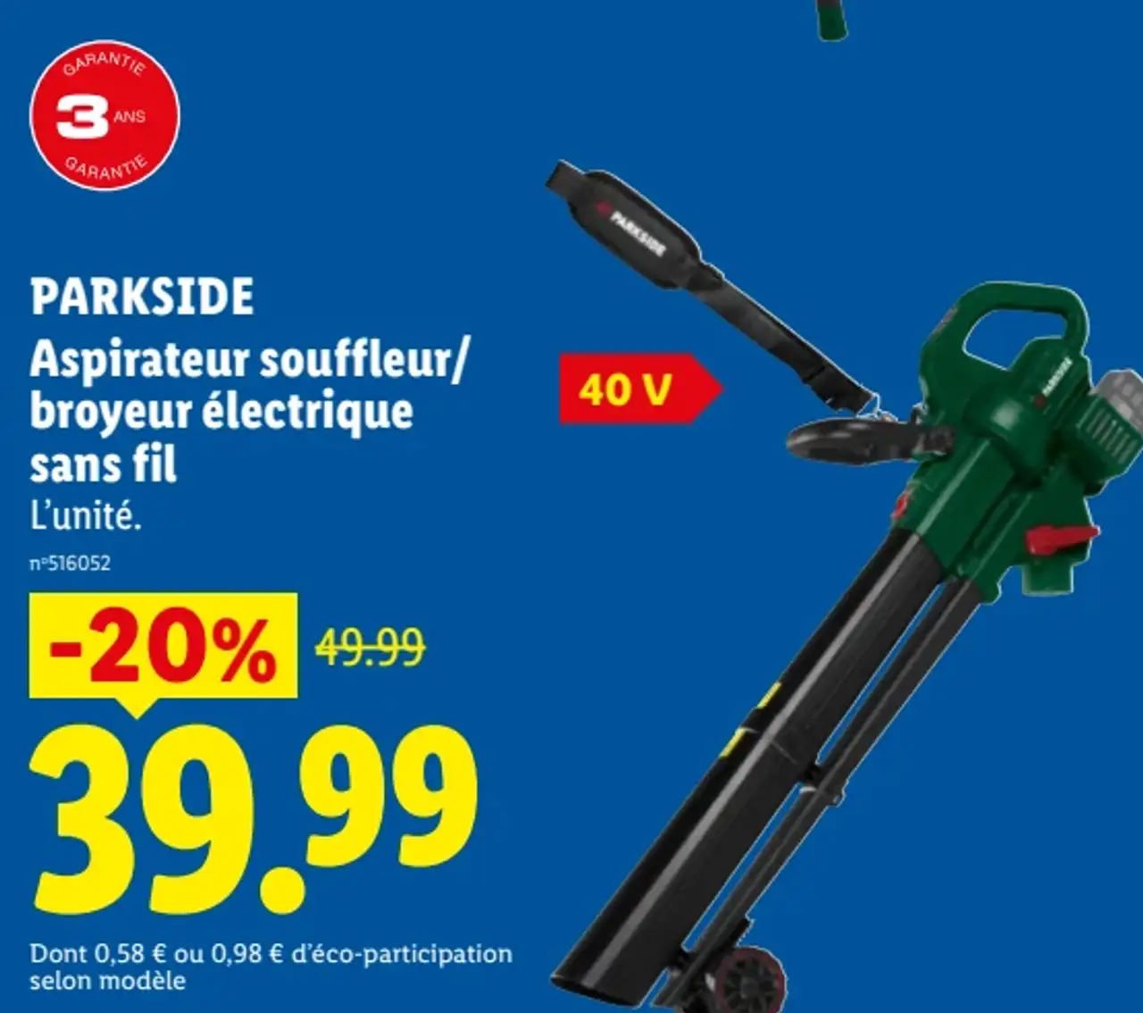 PARKSIDE Aspirateur souffleur/ broyeur électrique sans fil