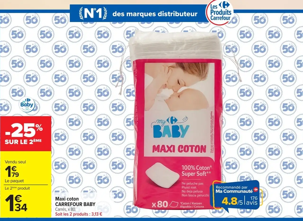 Maxi coton CARREFOUR BABY Carrés, x 80
