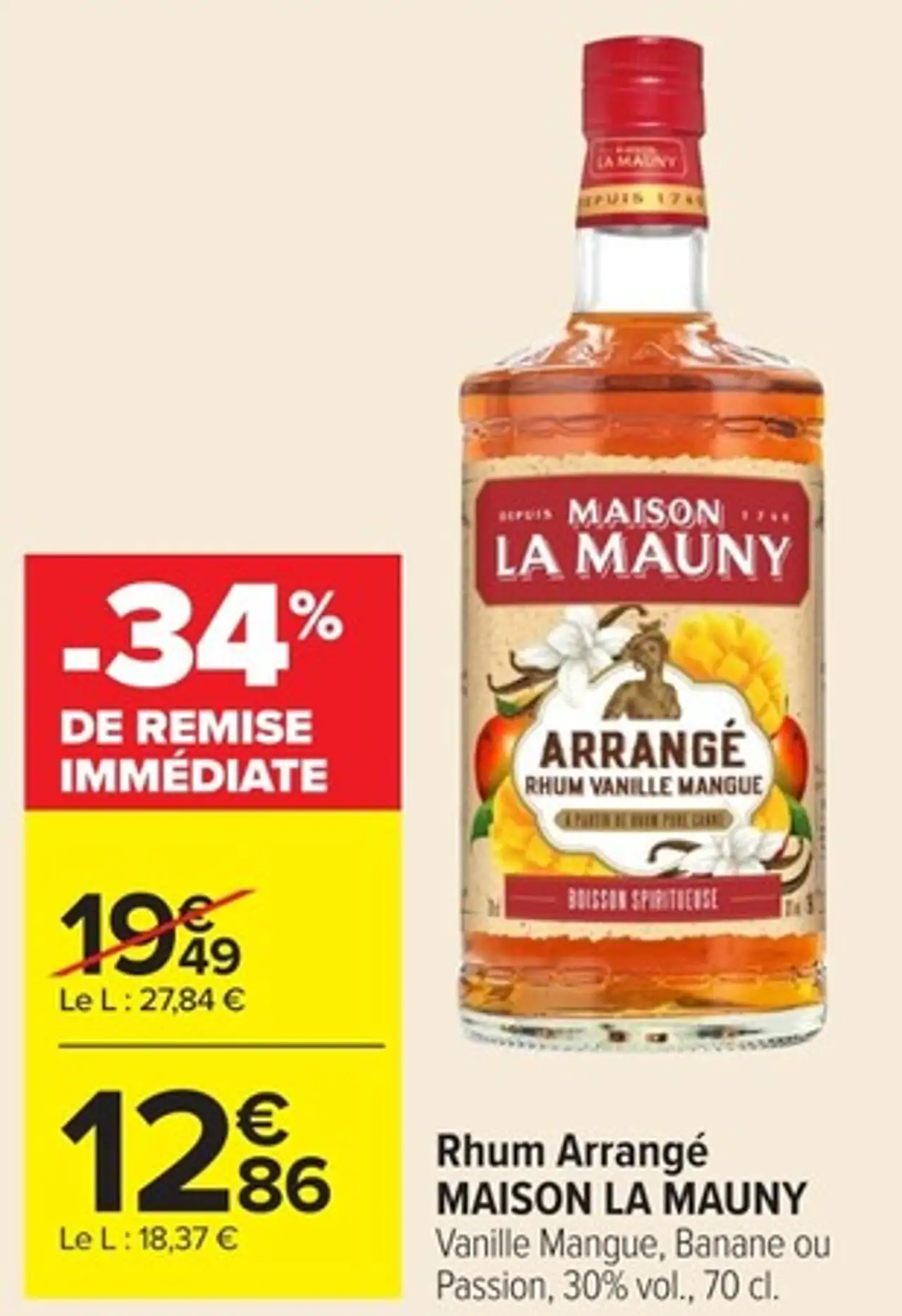Rhum Arrangé MAISON LA MAUNY Vanille Mangue, Banane ou Passion, 30% vol.