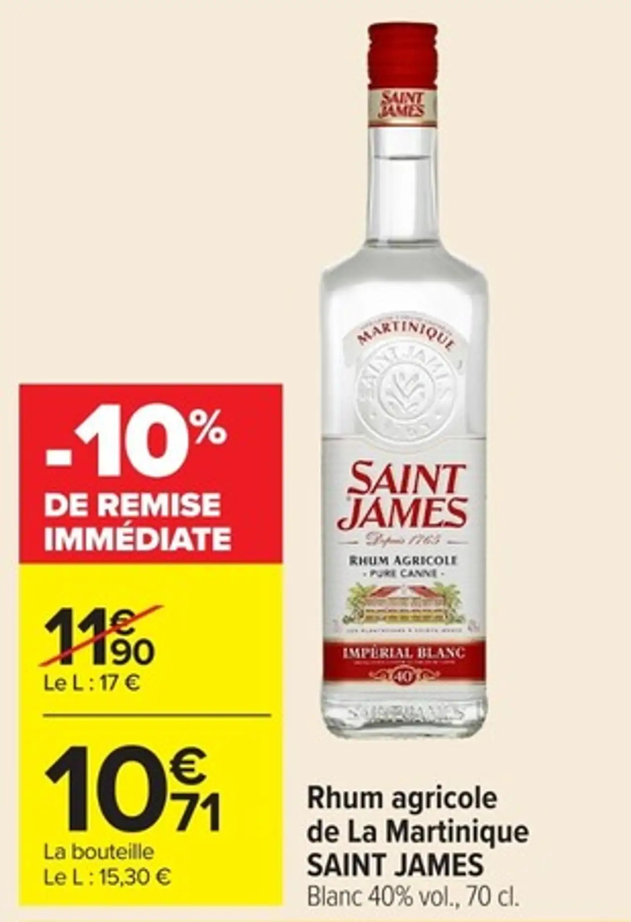 Rhum agricole de La Martinique SAINT JAMES Blanc 40% vol.