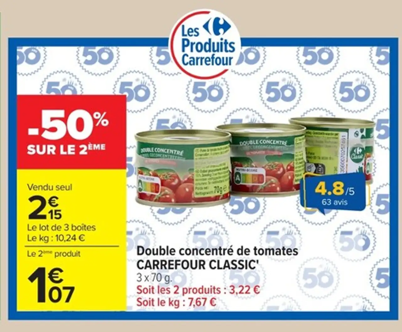Double concentré de tomates CARREFOUR CLASSIC'