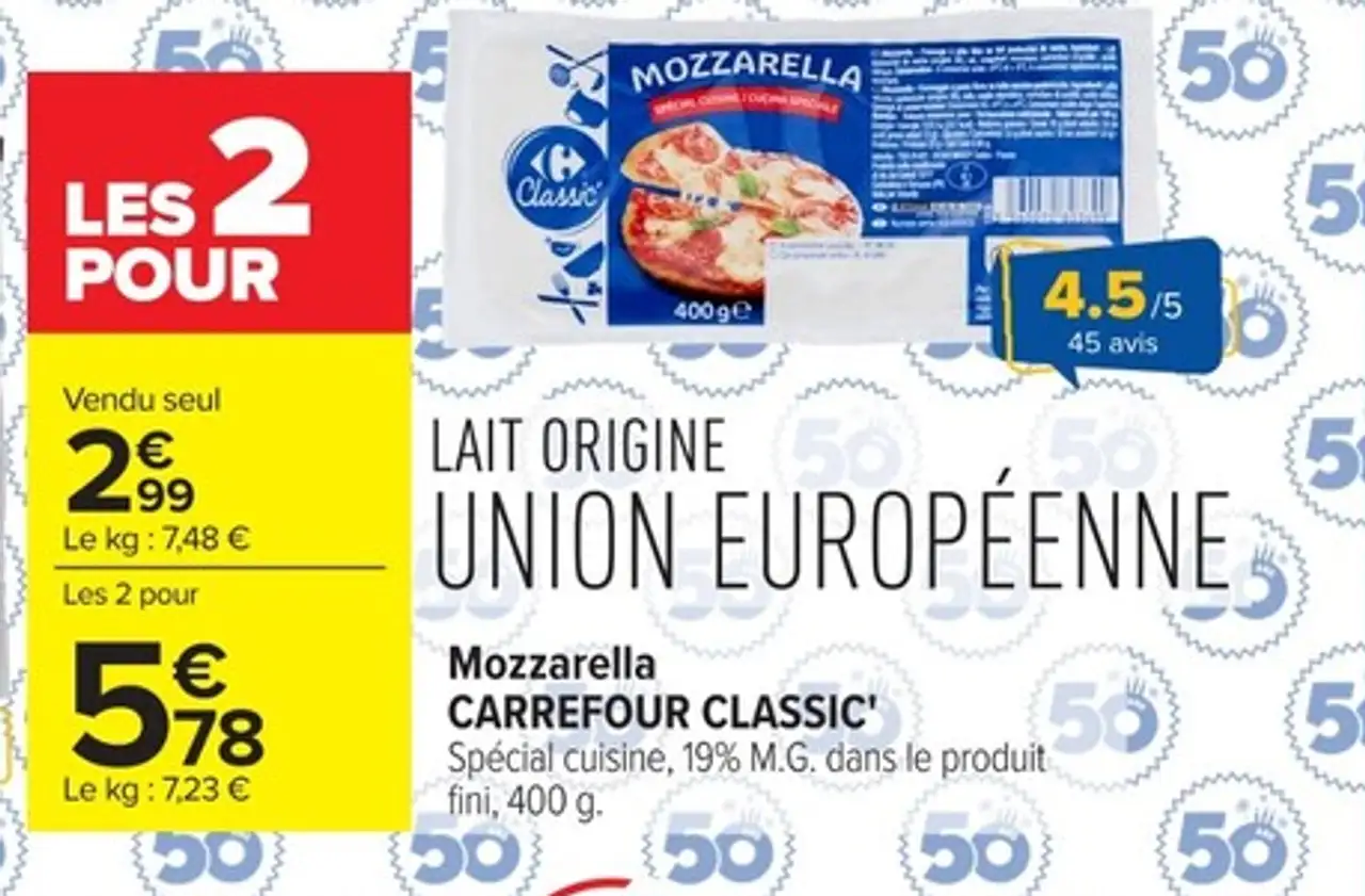 Mozzarella Carrefour Classic' Spécial cuisine