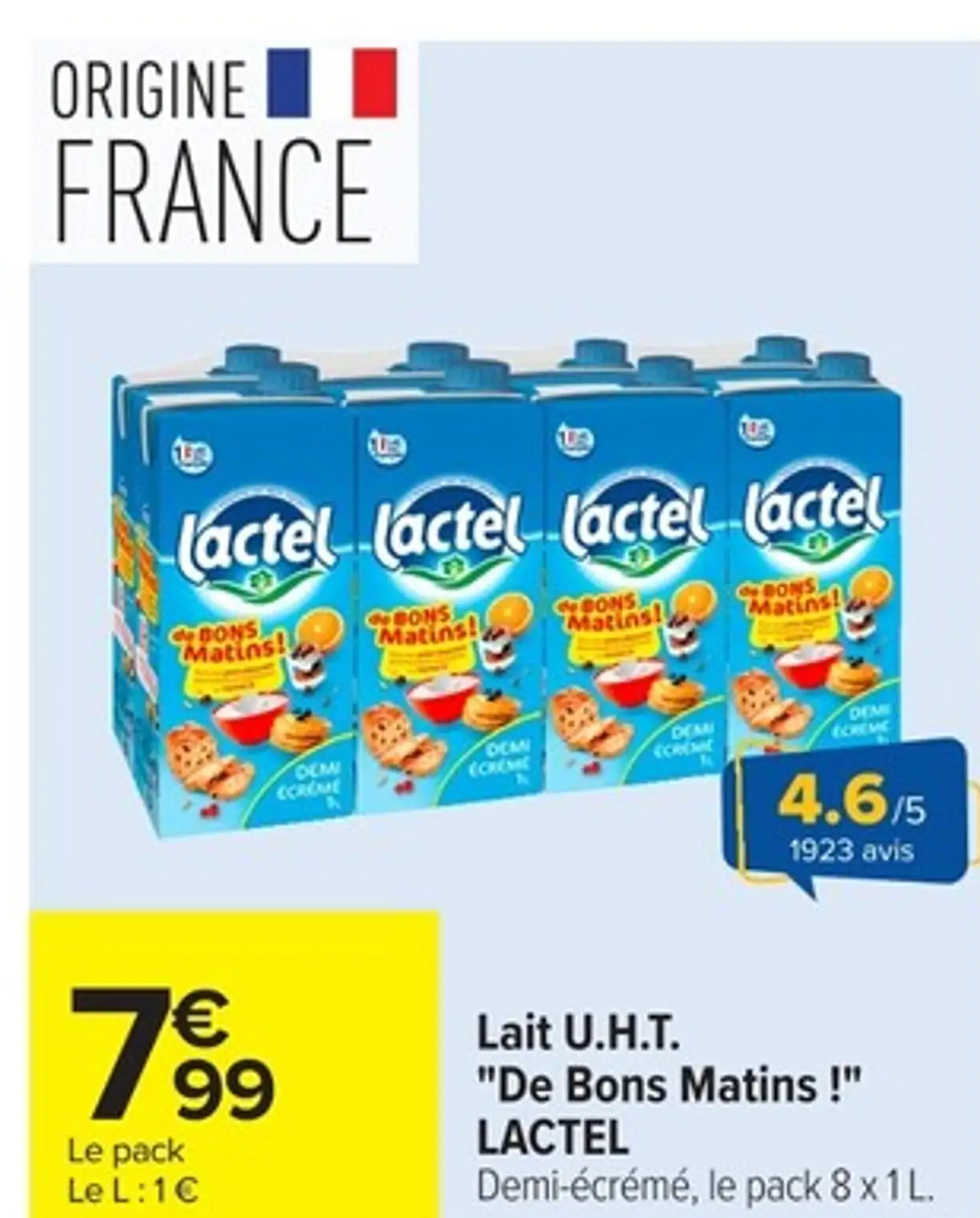 Lait U.H.T. "De Bons Matins !" LACTEL Demi-écrémé