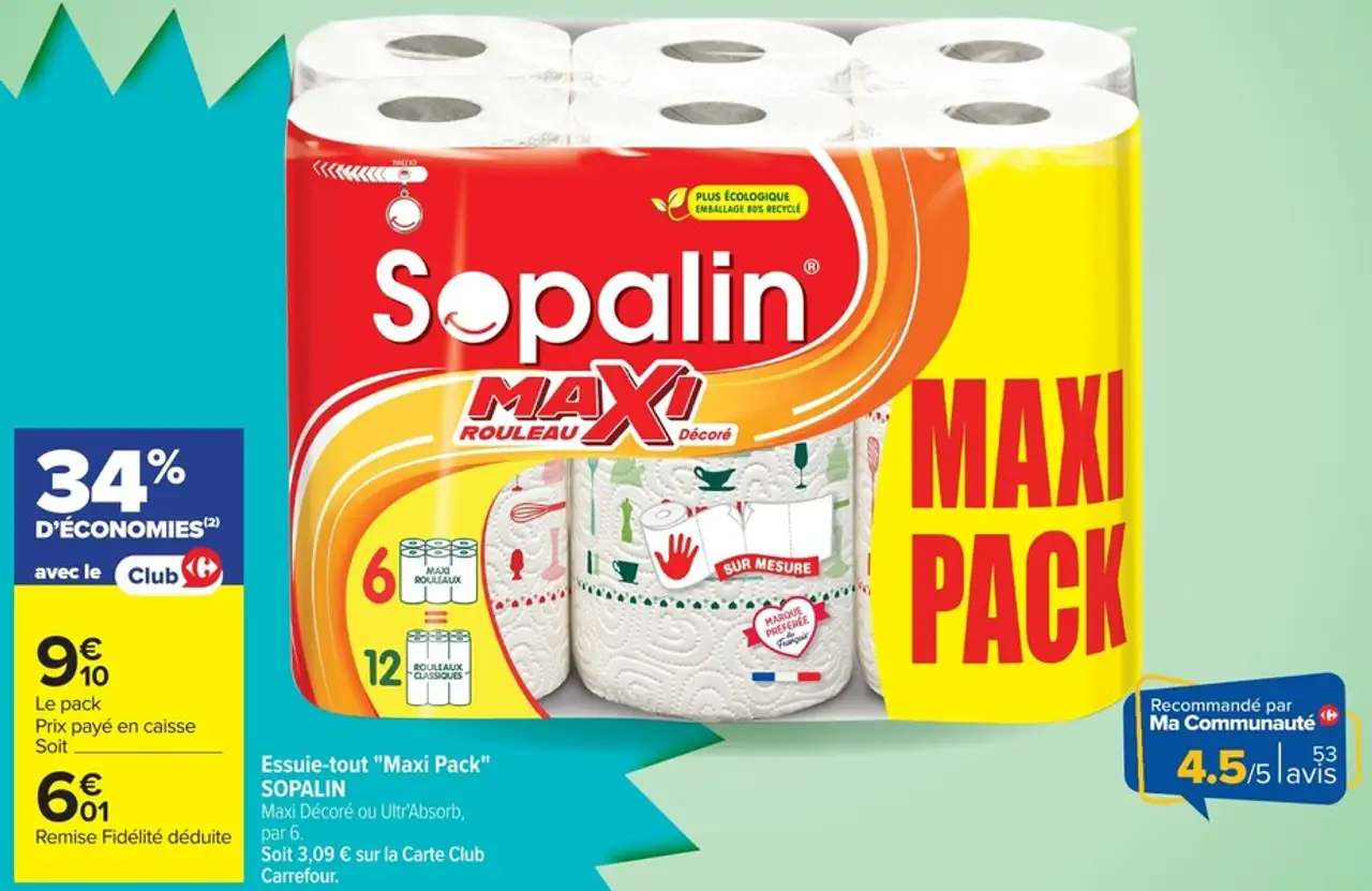 Essuie-tout "Maxi Pack" Sopalin Maxi Décoré ou Ultr'Absorb