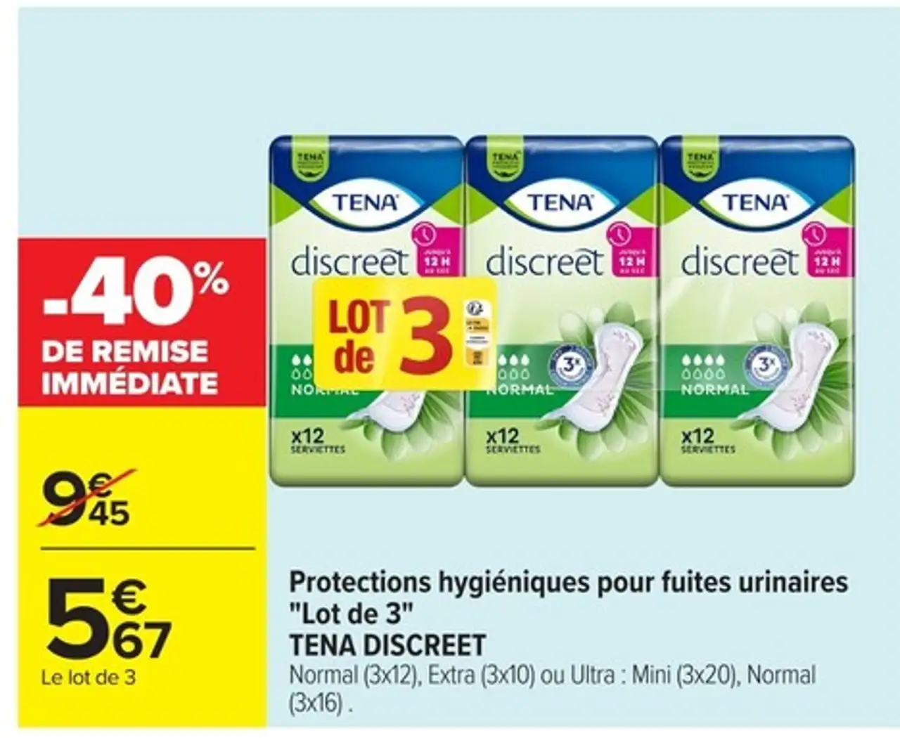 Protections hygiéniques pour fuites urinaires "Lot de 3" TENA DISCREET