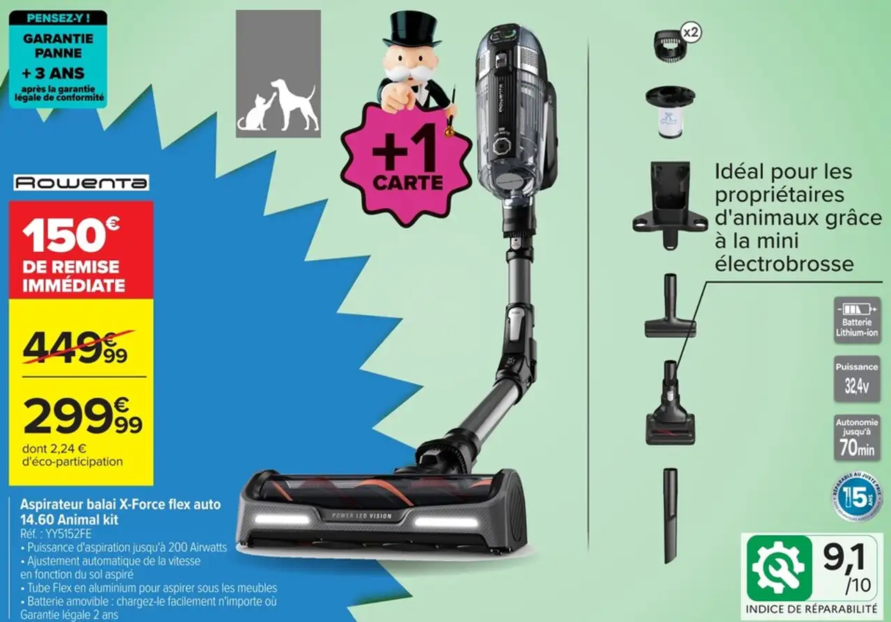 Aspirateur balai Rowenta X-Force flex auto 14.60 Animal kit