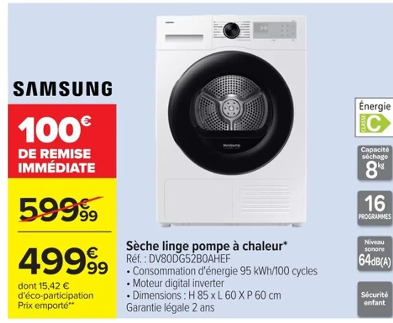 Sèche linge pompe à chaleur Samsung DV80DG52B0AHEF