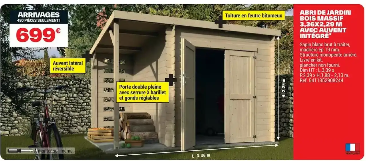 Abri de jardin bois massif avec auvent intégré 3,36x2,29 m