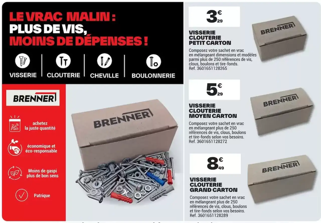 Visserie, clouterie, boulonnerie et cheville en vrac Brenner