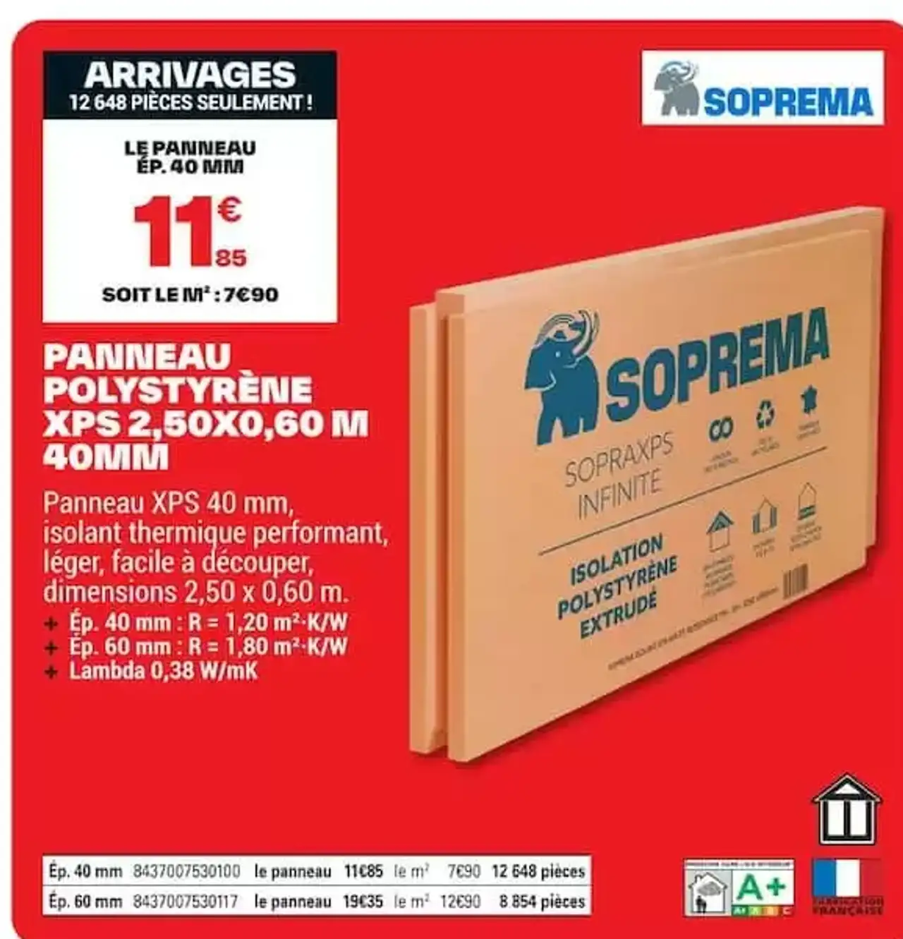 Panneau Polystyrène XPS 2,50x0,60 m 40mm Soprema