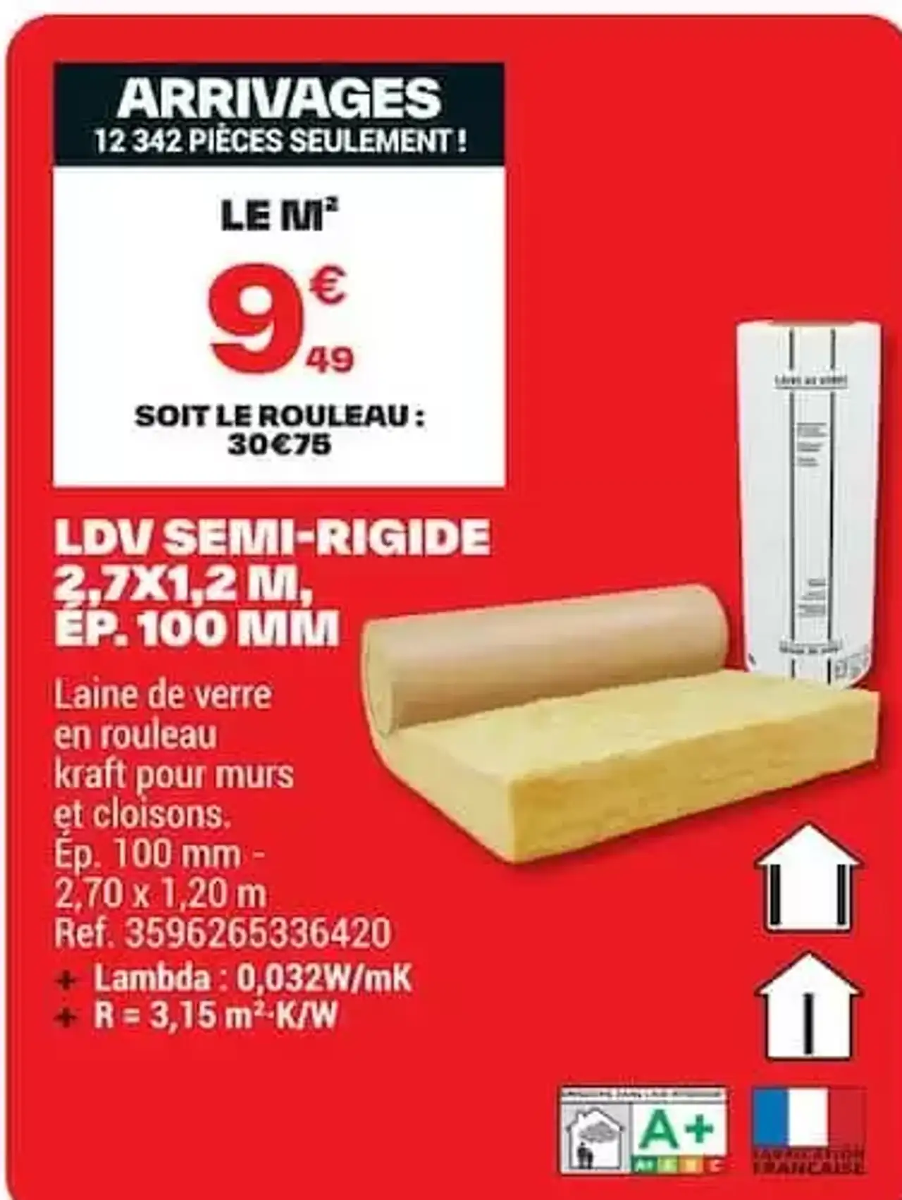 Laine de verre semi-rigide rouleau Kraft Isover 100 mm 2,7x1,2 m