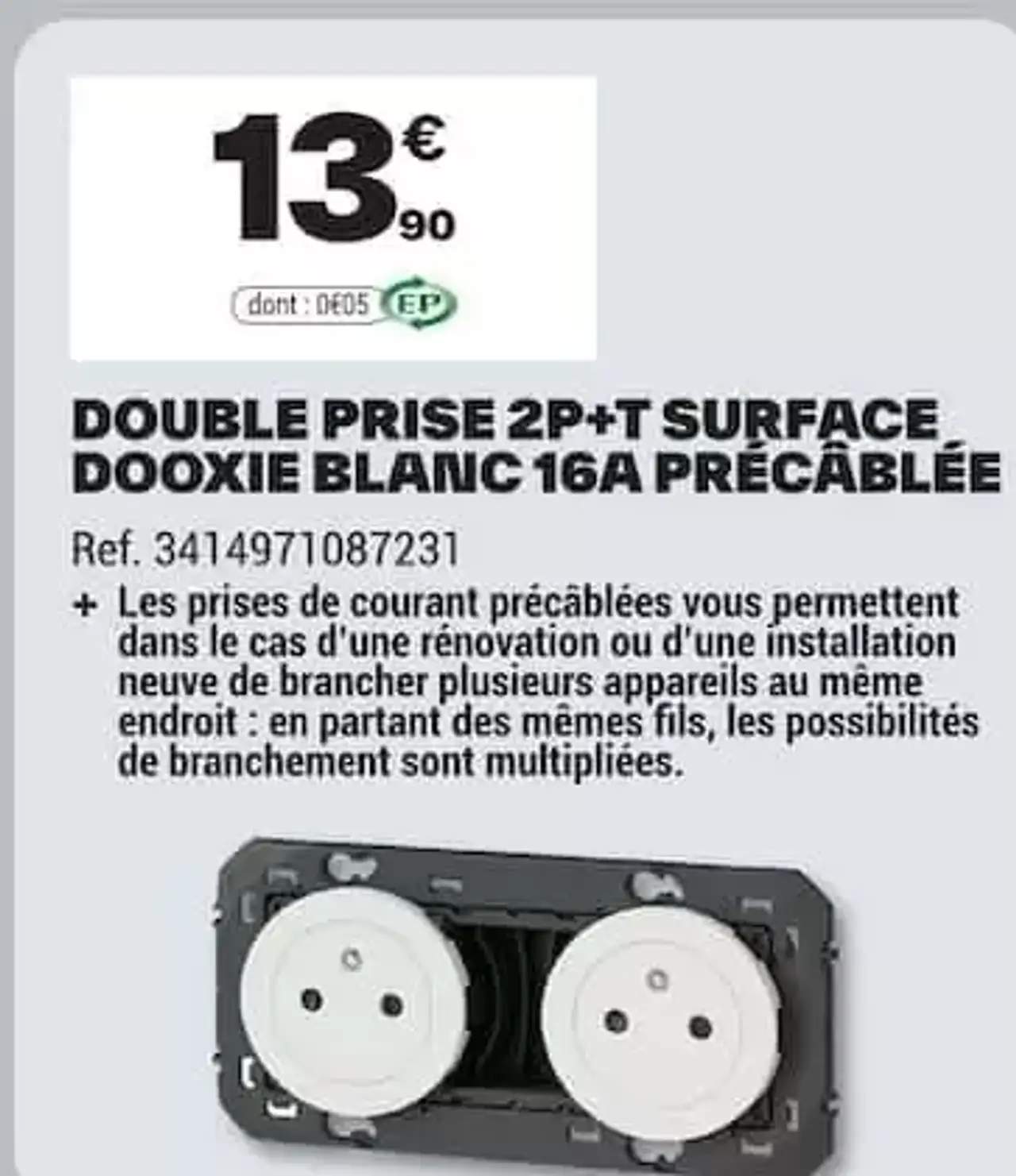 Double prise 2P+T surface dooxie blanc 16A précâblée Legrand