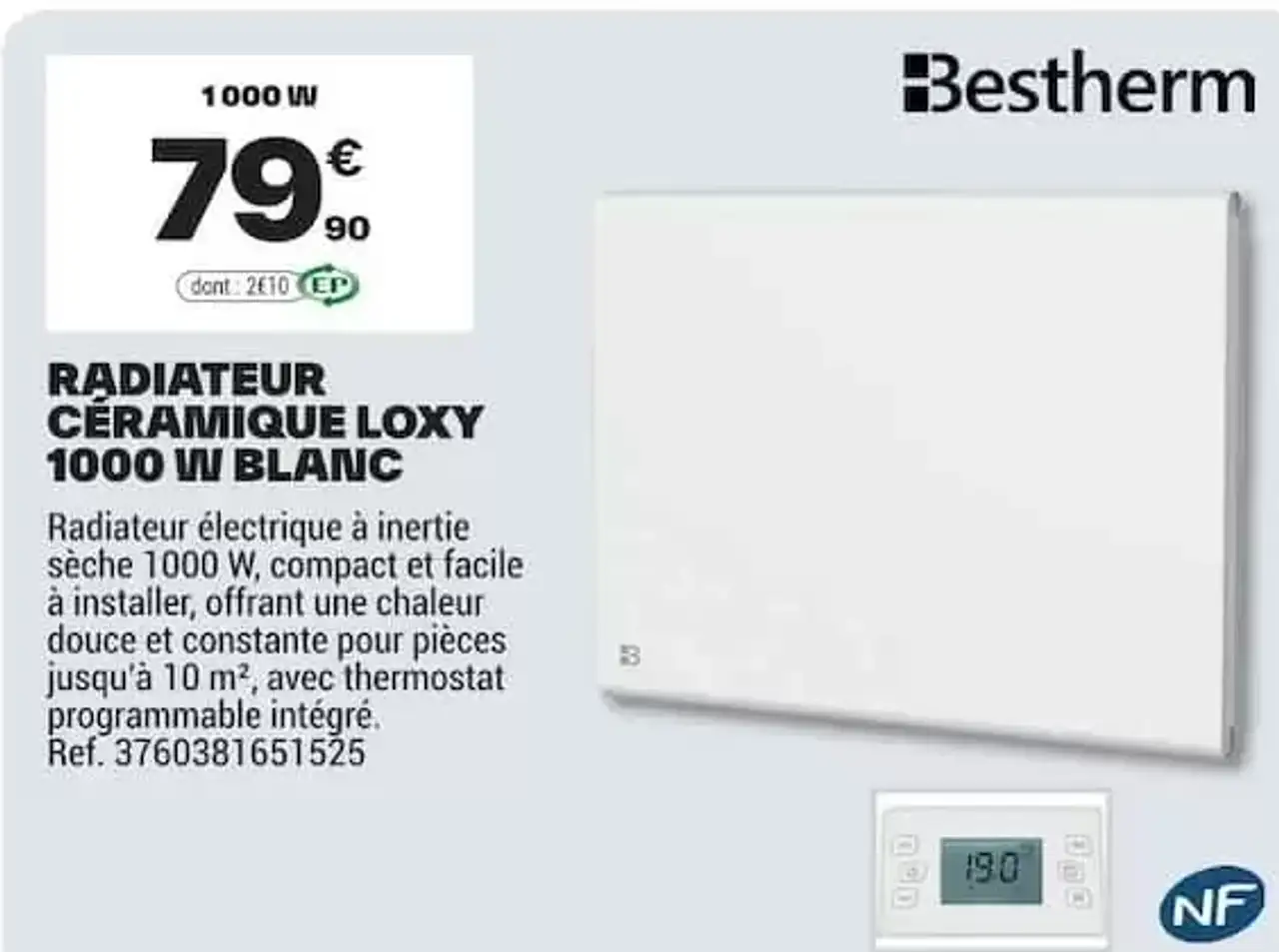 Radiateur Céramique Loxy 1000 W Blanc Bestherm