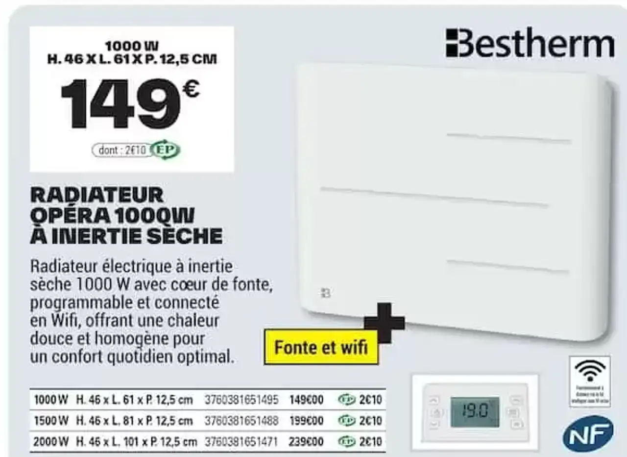 Radiateur Opéra 1000W à inertie sèche Bestherm