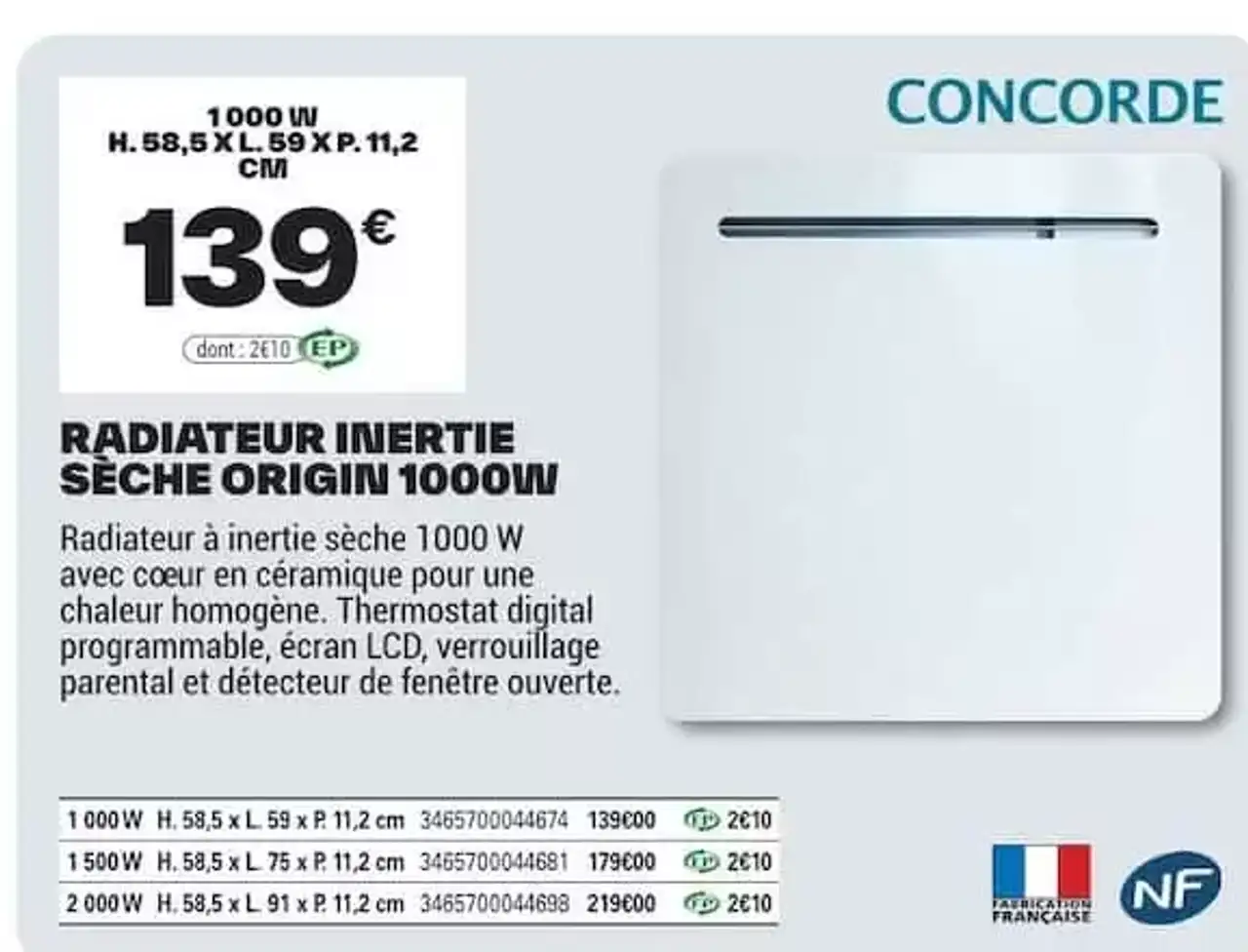 Radiateur Inertie Sèche Origin 1000W Concorde