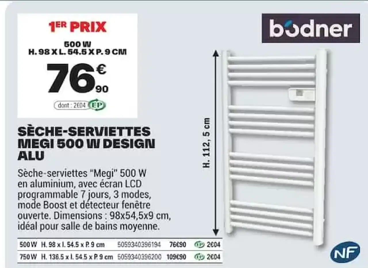 Sèche-Serviettes Megi 500 W Design Alu Bodner