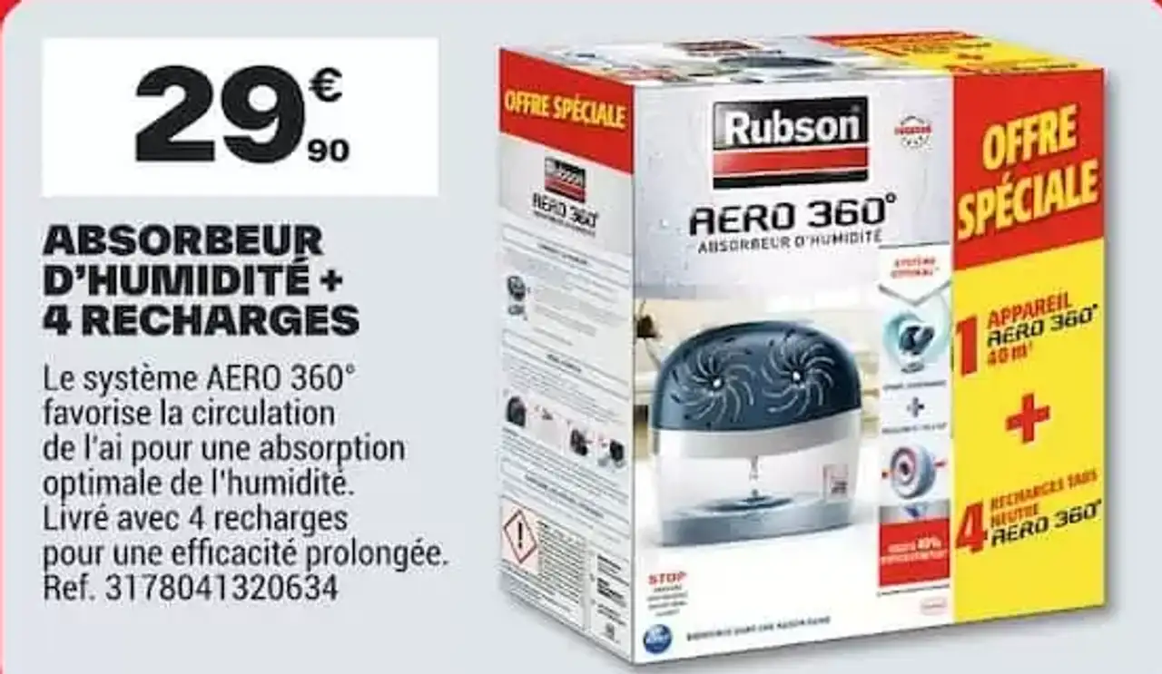 Absorbeur d'humidité + 4 recharges Rubson Aero 360°