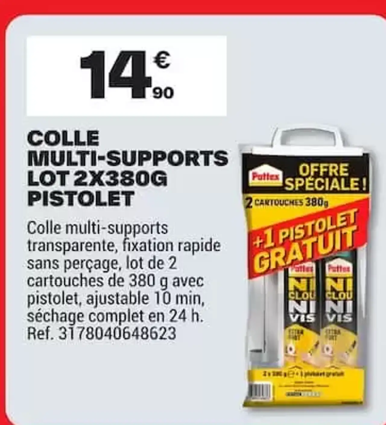Colle multi-supports Pattex Ni Clou Ni Vis lot 2x380g + pistolet