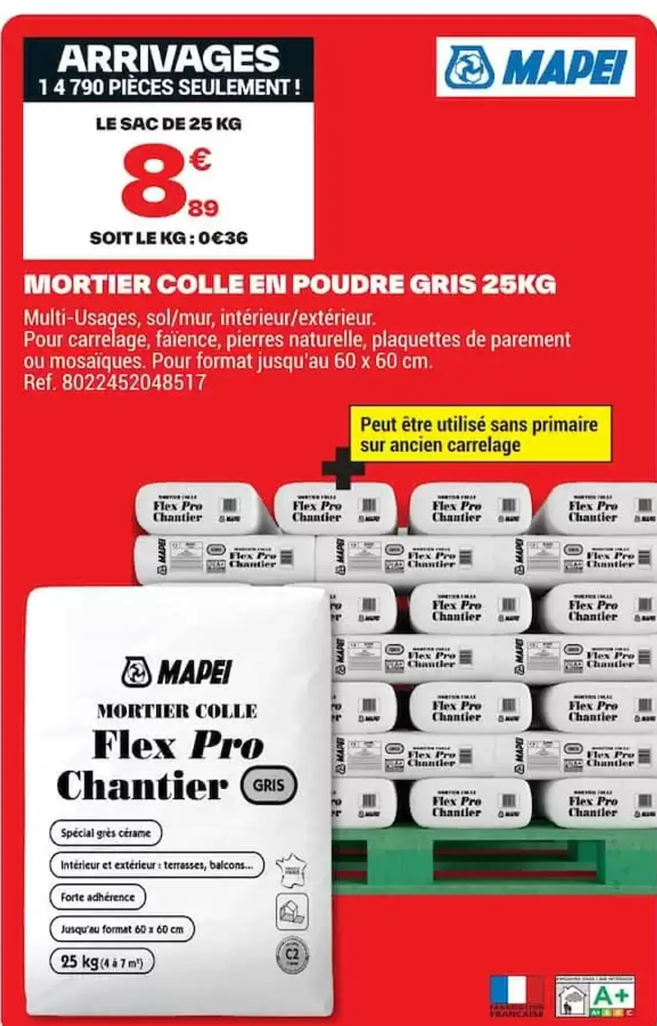 Mortier colle en poudre gris 25kg Mapei Flex Pro Chantier