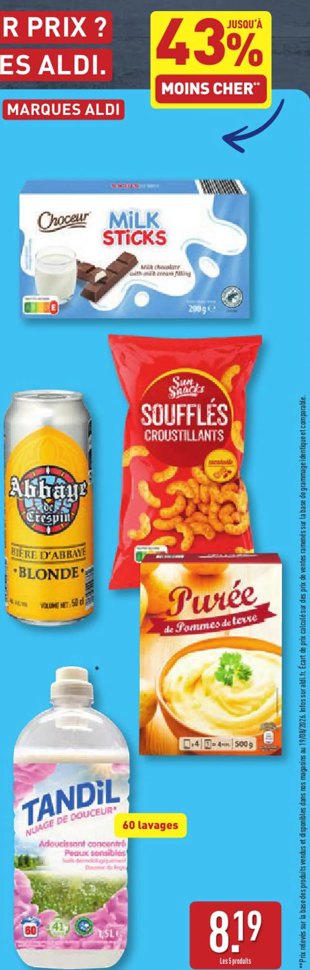 Lot de 5 produits Marques ALDI (Choceur Milk Sticks, Abbaye de Crespin Bière Blonde, Sun Snacks Soufflés Croustillants, Purée de Pommes de Terre, Tandil Adoucissant)