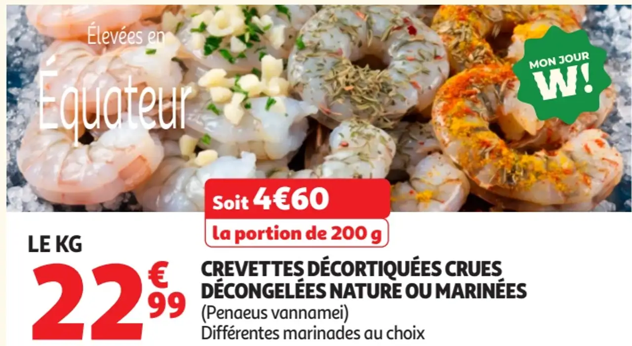 Crevettes décortiquées crues décongelées nature ou marinées