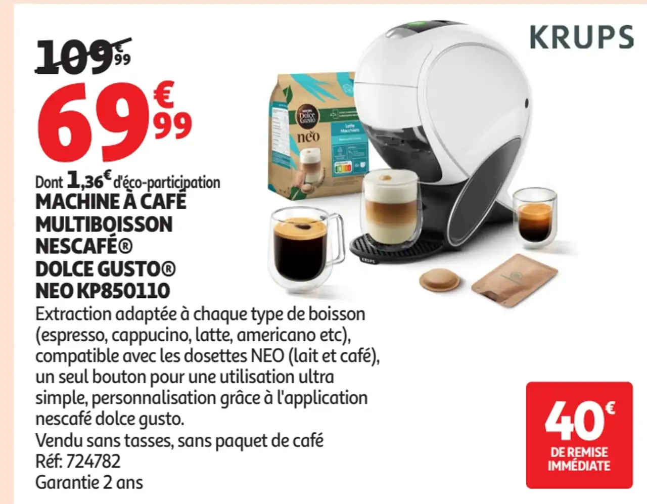 Machine à café multiboisson Nescafé Dolce Gusto Neo KP850110 Krups