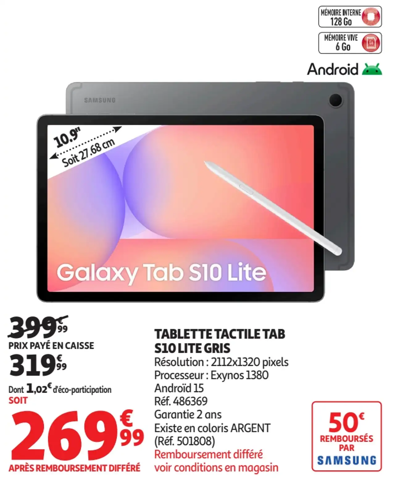 TABLETTE TACTILE SAMSUNG GALAXY TAB S10 LITE GRIS