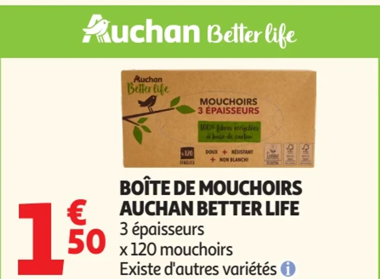 Boîte de mouchoirs 3 épaisseurs Auchan Better Life