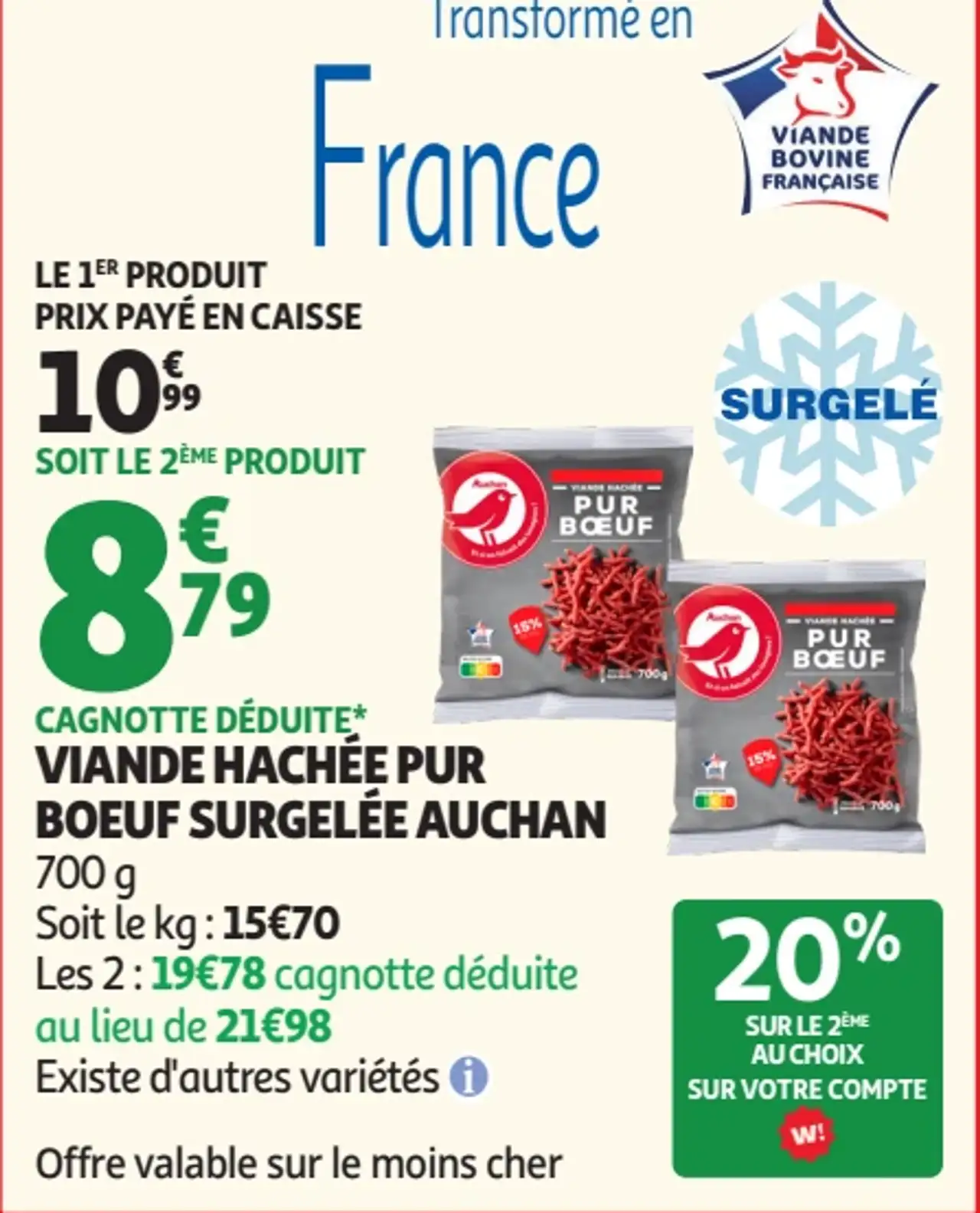 Viande hachée pur boeuf surgelée Auchan