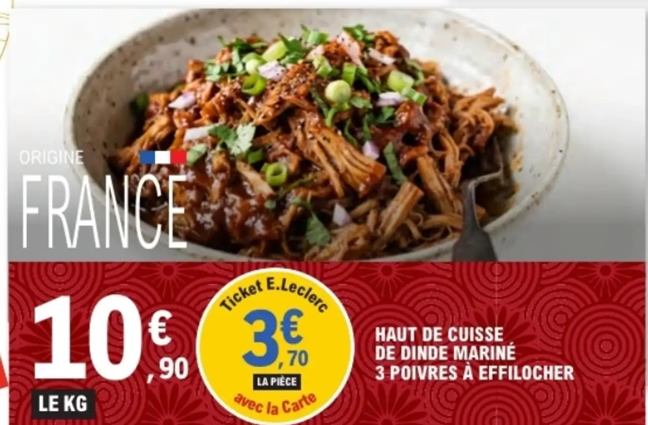 Haut de cuisse de dinde mariné 3 poivres à effilocher