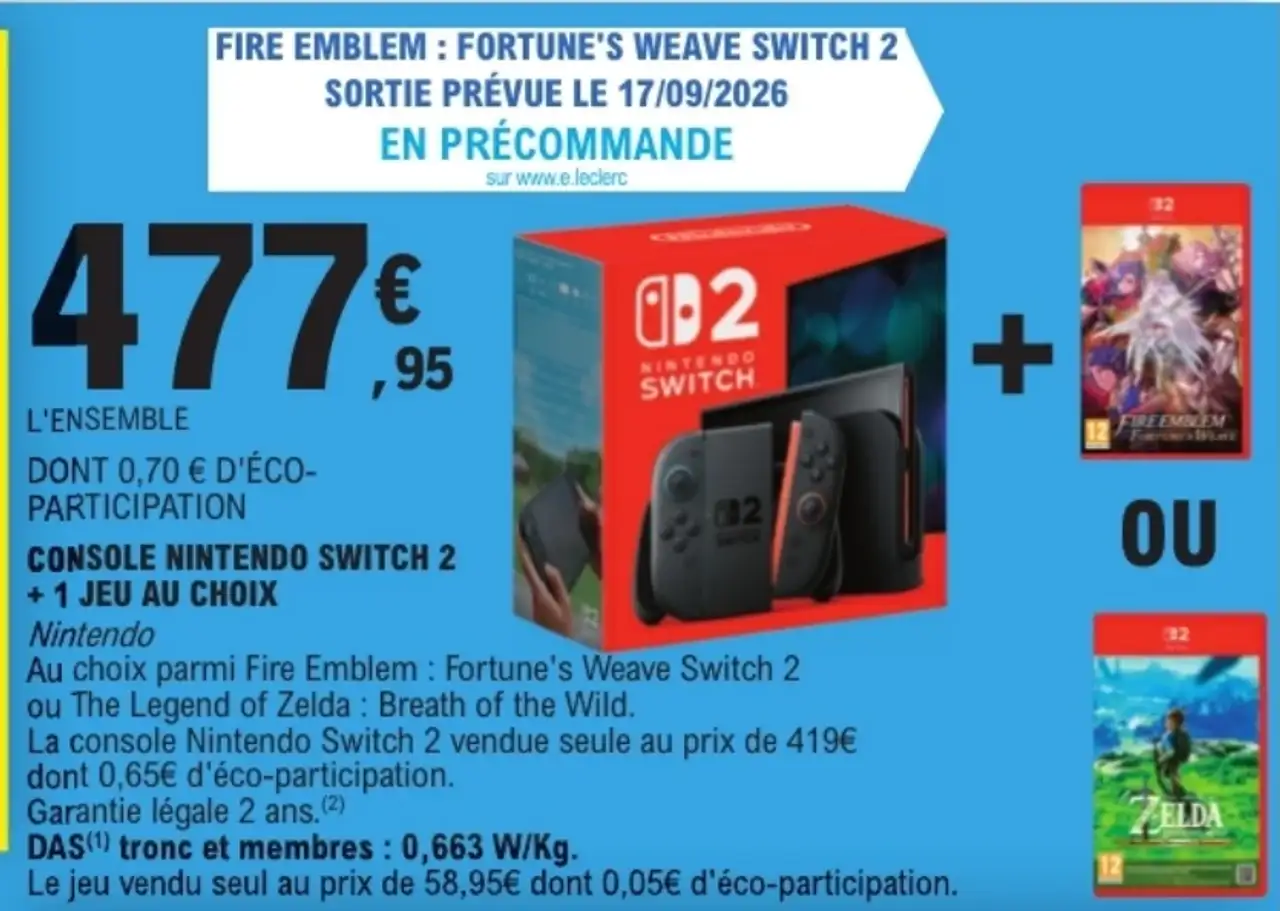 Console Nintendo Switch 2 + 1 Jeu au choix (Fire Emblem: Fortune's Weave ou The Legend of Zelda: Breath of the Wild)