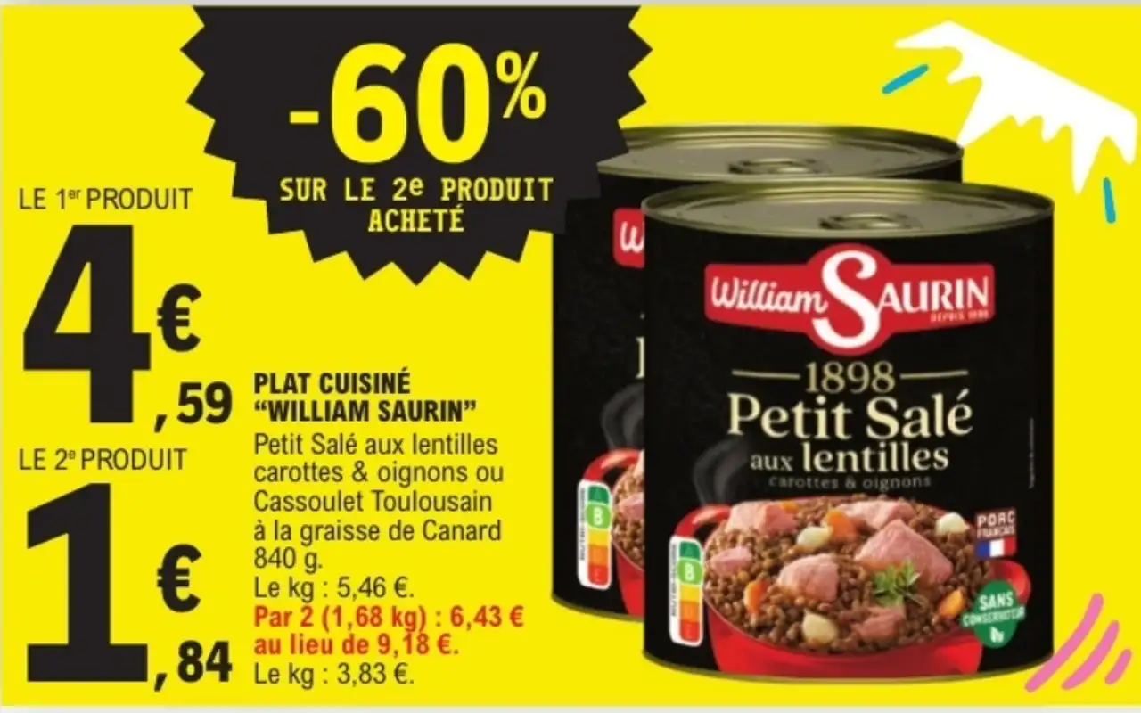 PLAT CUISINÉ "WILLIAM SAURIN" Petit Salé aux lentilles