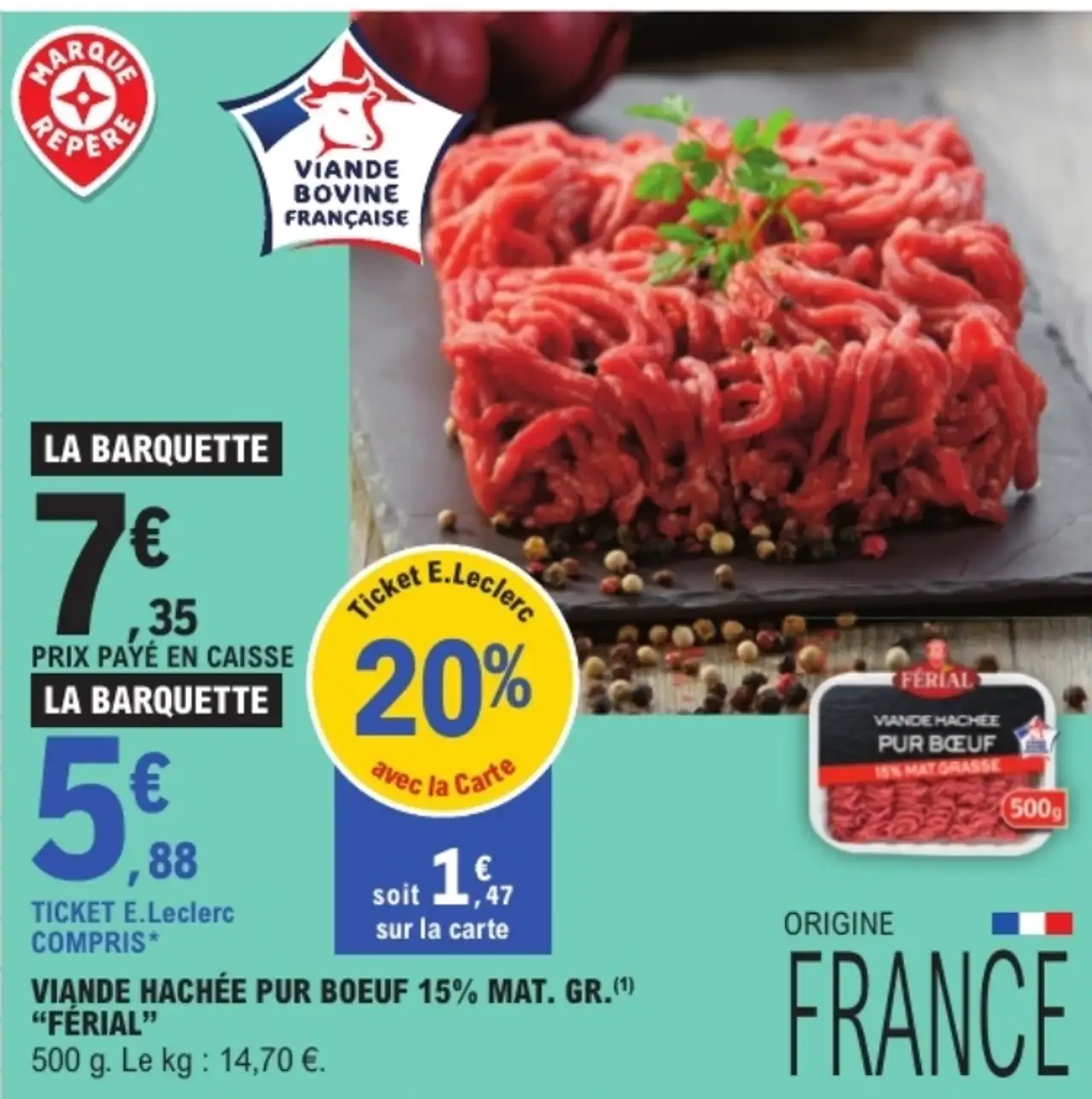 Viande hachée pur boeuf 15% mat. gr. Férial