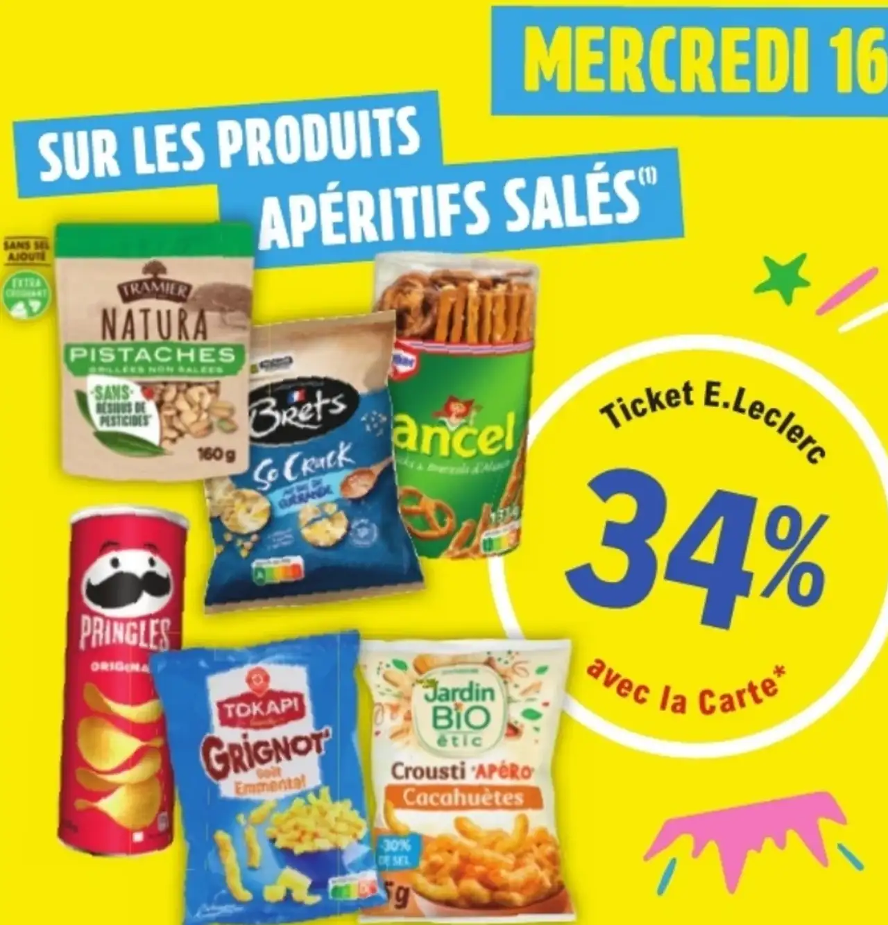Produits apéritifs salés (Tramier, Brets, Ancel, Pringles, Tokapi, Jardin Bio étic)