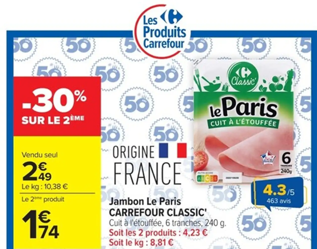 Jambon Le Paris CARREFOUR CLASSIC'