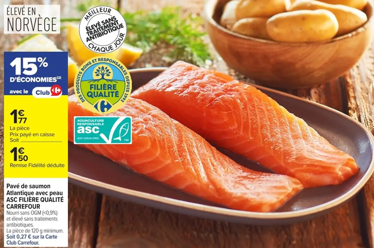 Pavé de saumon Atlantique avec peau ASC FILIÈRE QUALITÉ CARREFOUR