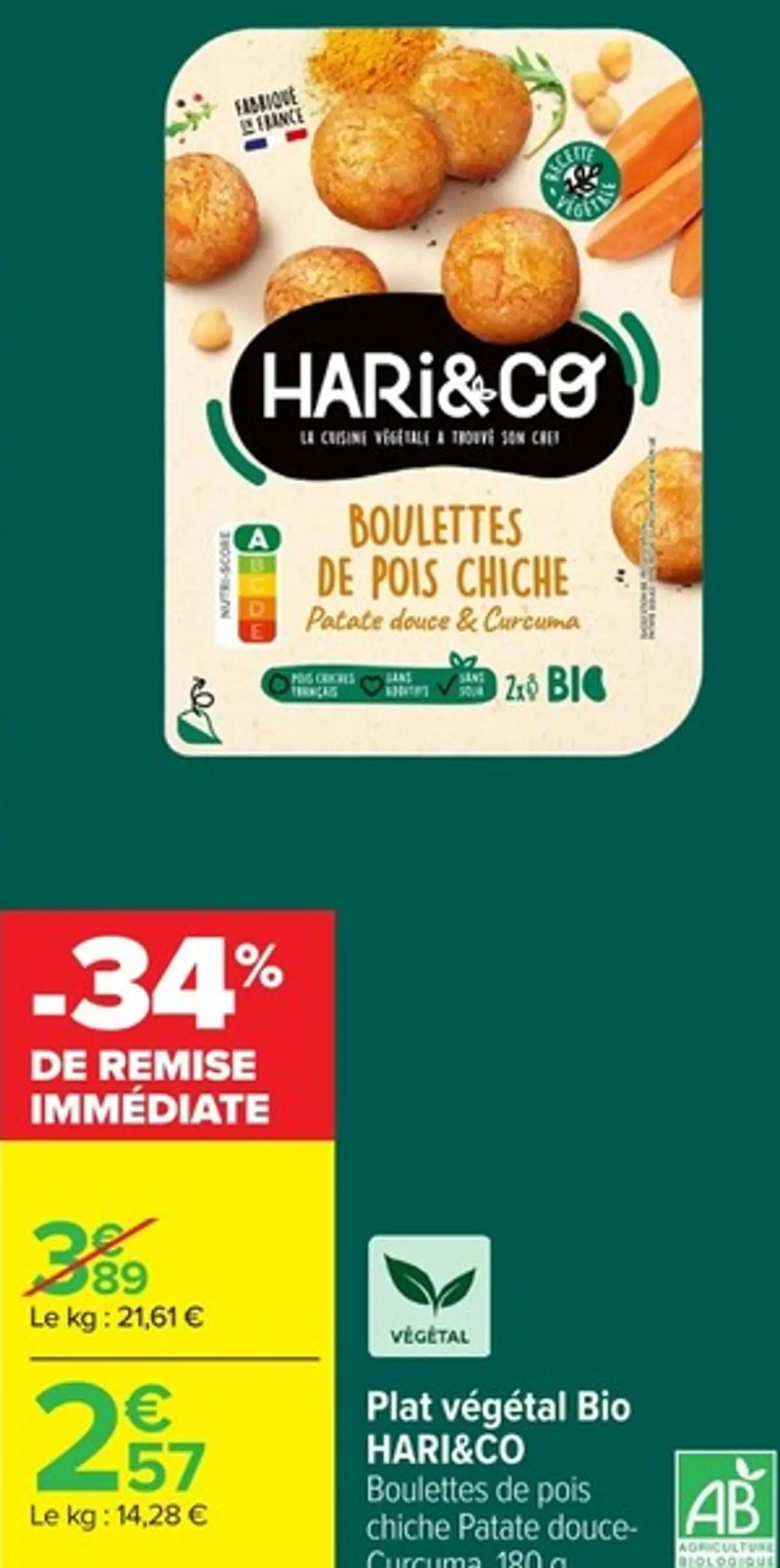 Plat végétal Bio HARI&CO Boulettes de pois chiche Patate douce-Curcuma