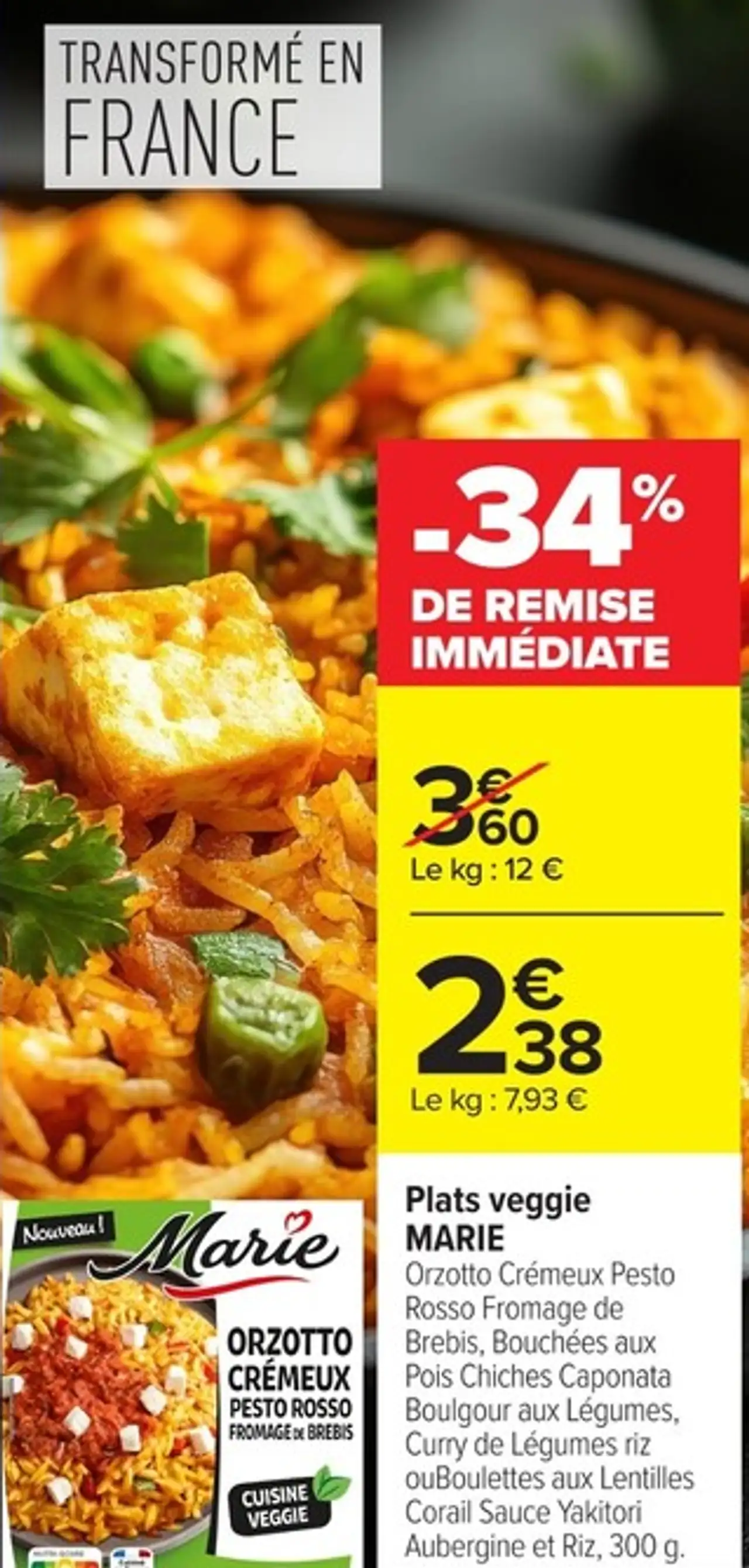 Plats veggie MARIE (Orzotto Crémeux Pesto Rosso, Bouchées aux Pois Chiches...)