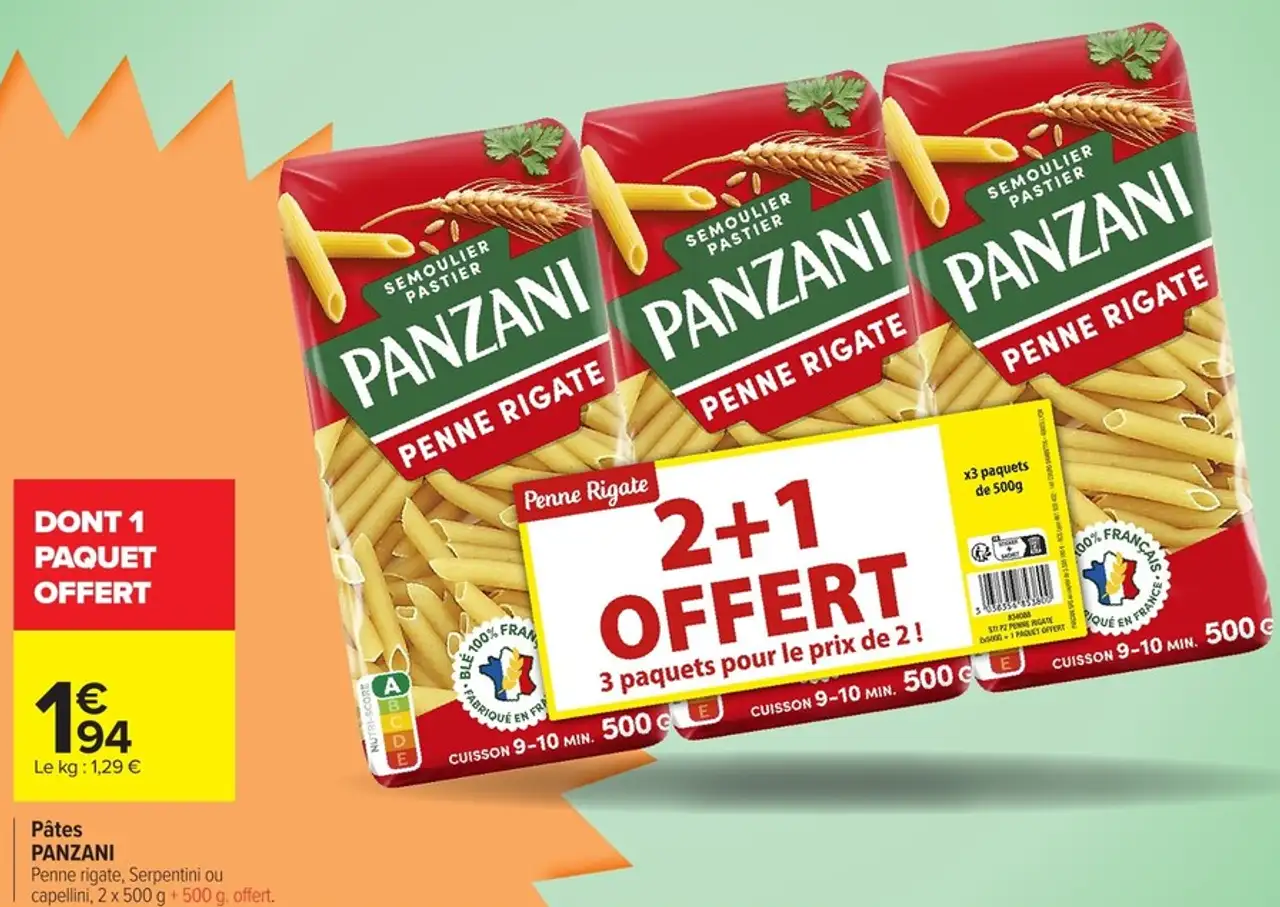 Pâtes PANZANI Penne rigate, Serpentini ou capellini