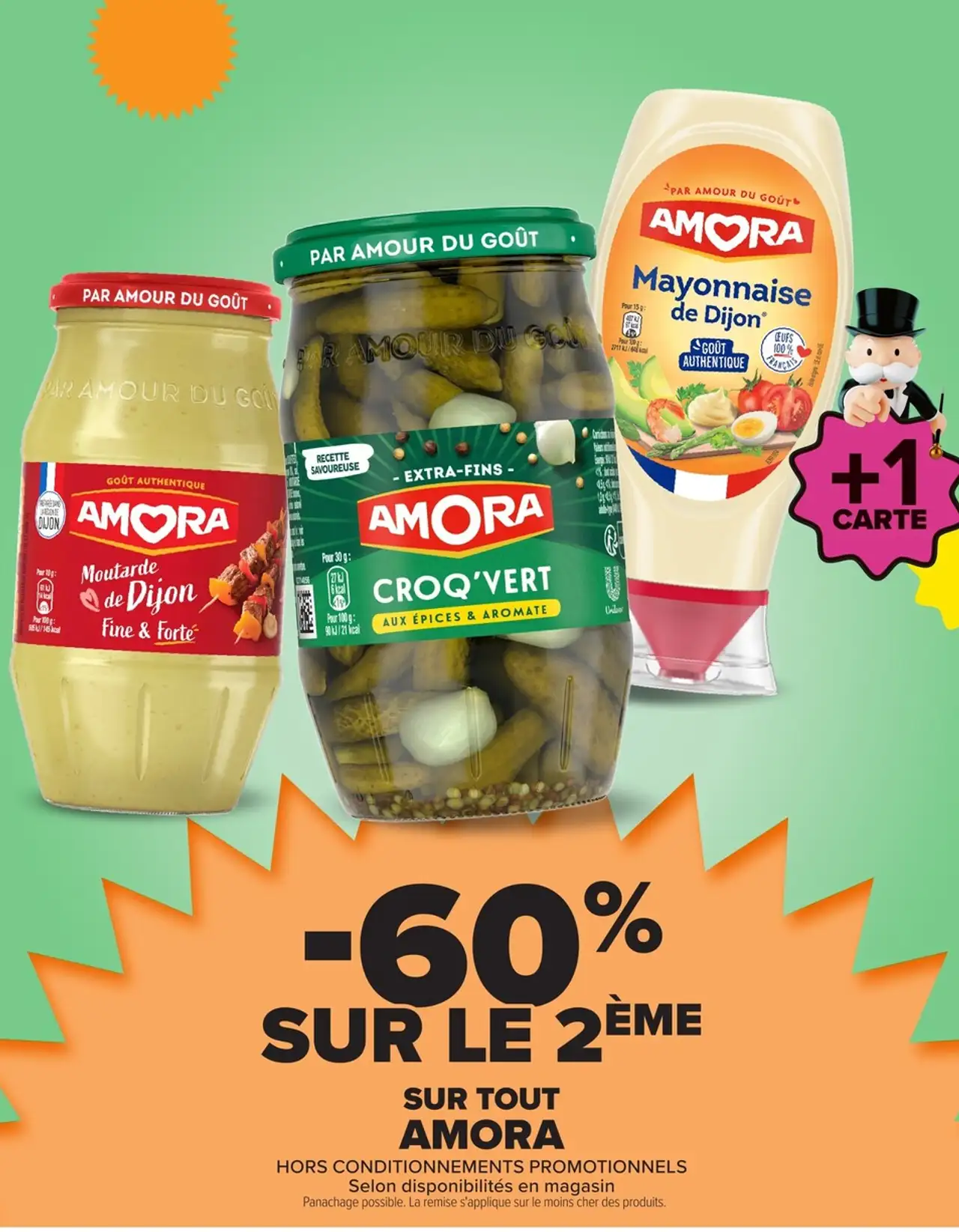 Gamme de produits Amora (Moutarde de Dijon, Croq'Vert, Mayonnaise)
